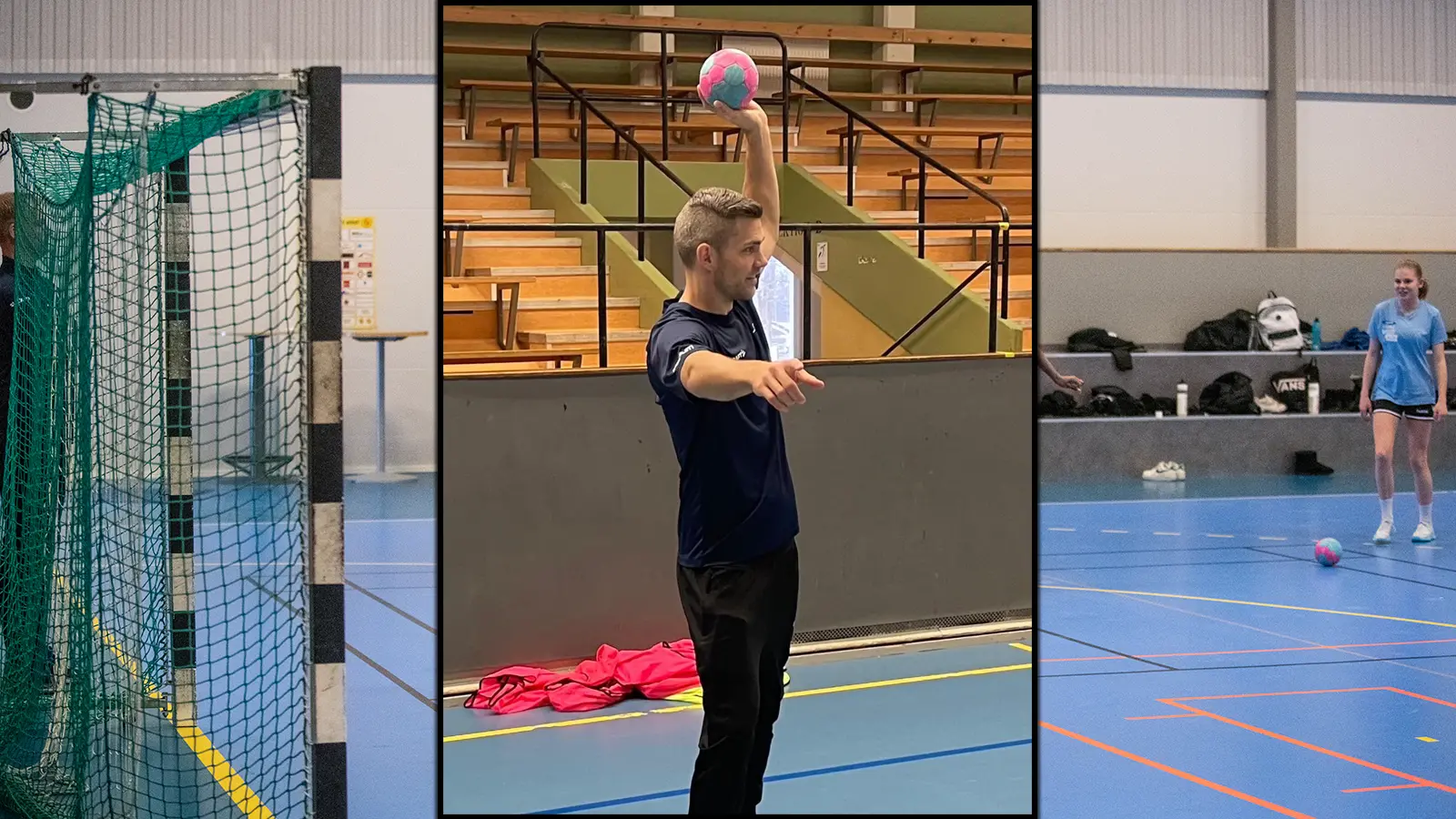 ett foto. en man står i mitten av fotot men sidan mot kameran men handen uppsträckt över huvudet med en boll i handen.