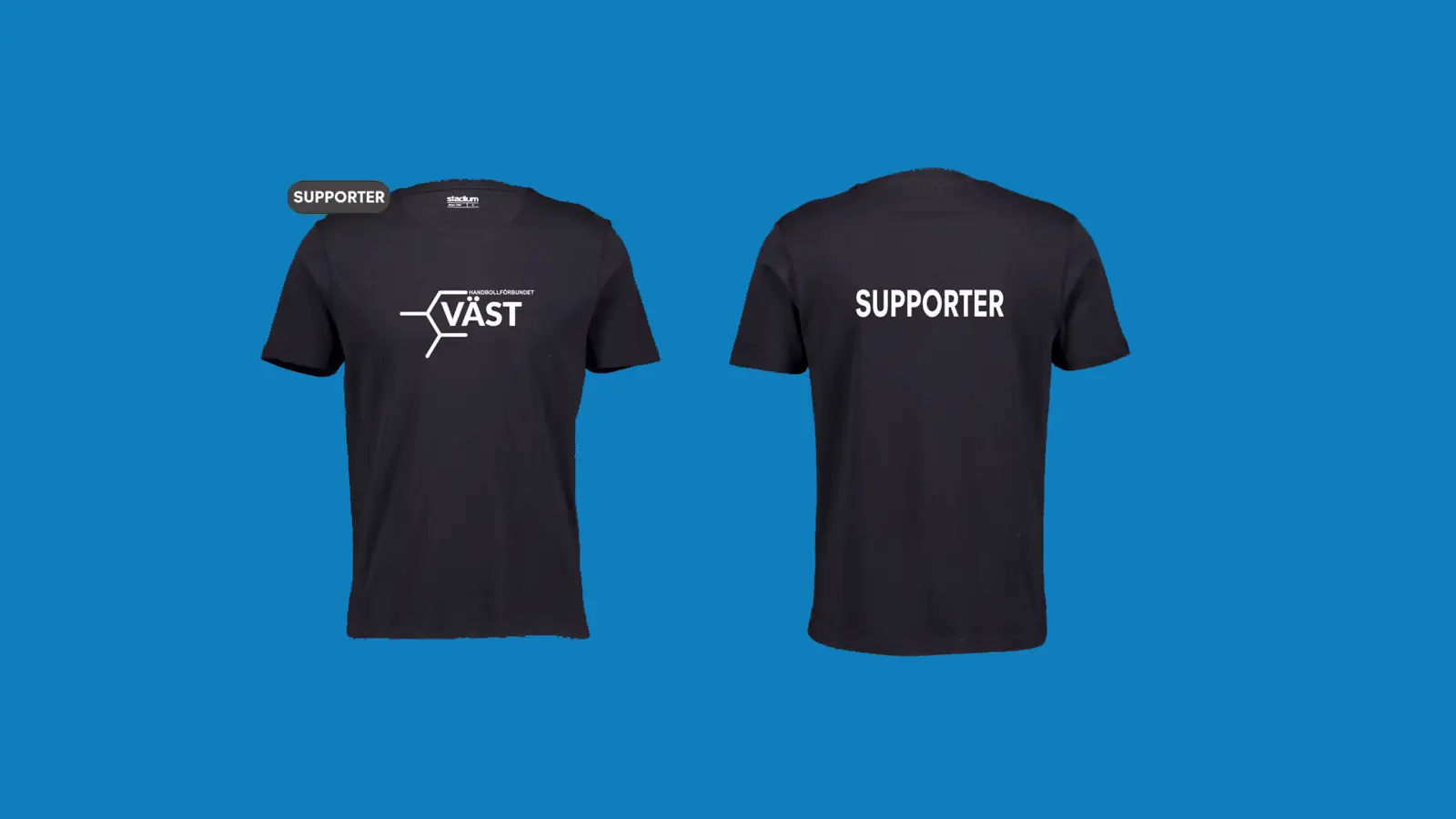 bilder på fram och baksida på en svart t-shirt där det står supporter på ryggen och handbollförbundet västs logga på framsidan.