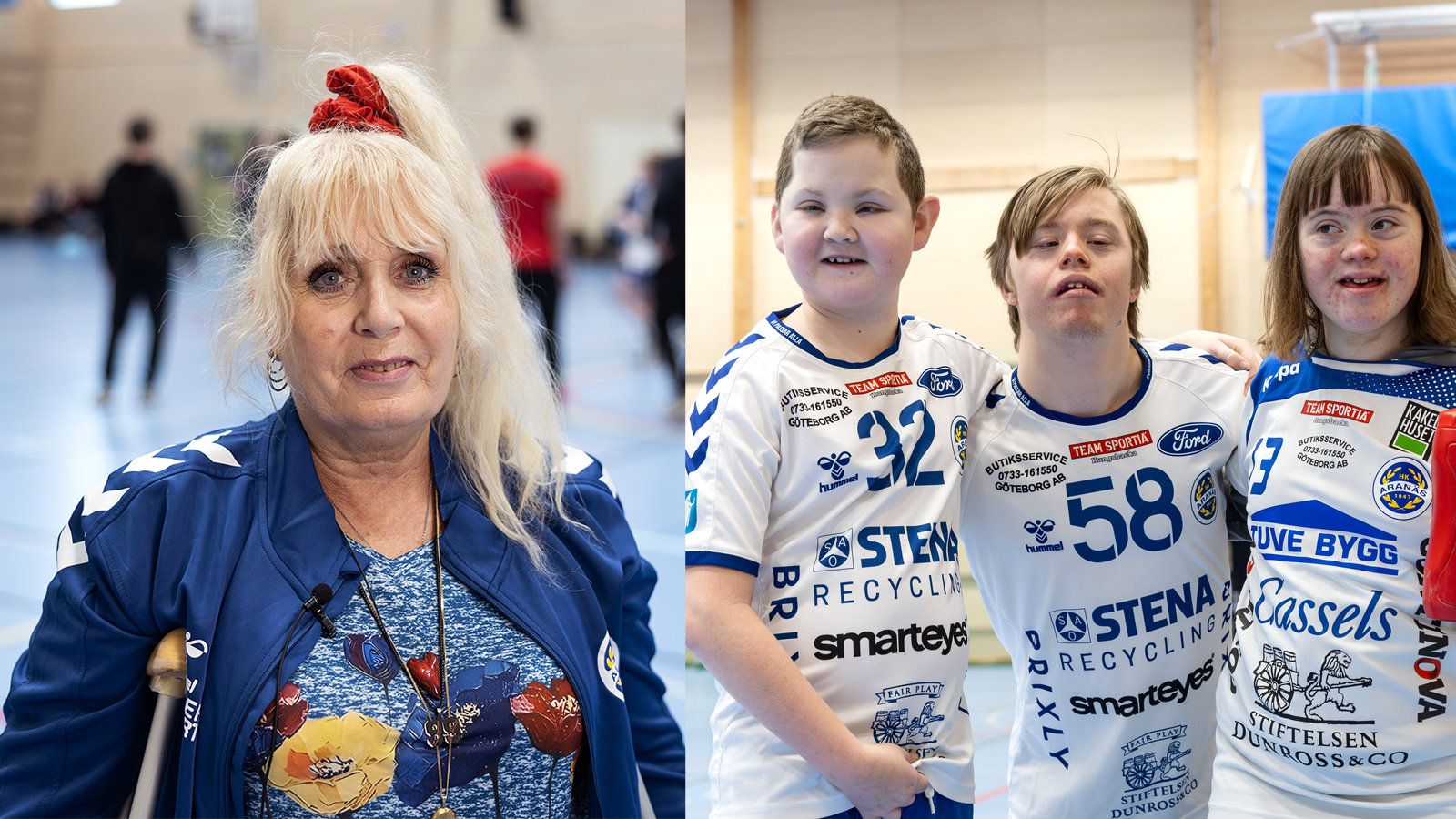 ett fotokollage av två bilder. till vänster en kvinna i blå tröja och blont hår uppsatt i en hästsvans. tlll höger tre glada barn i vita matchtröjor. 