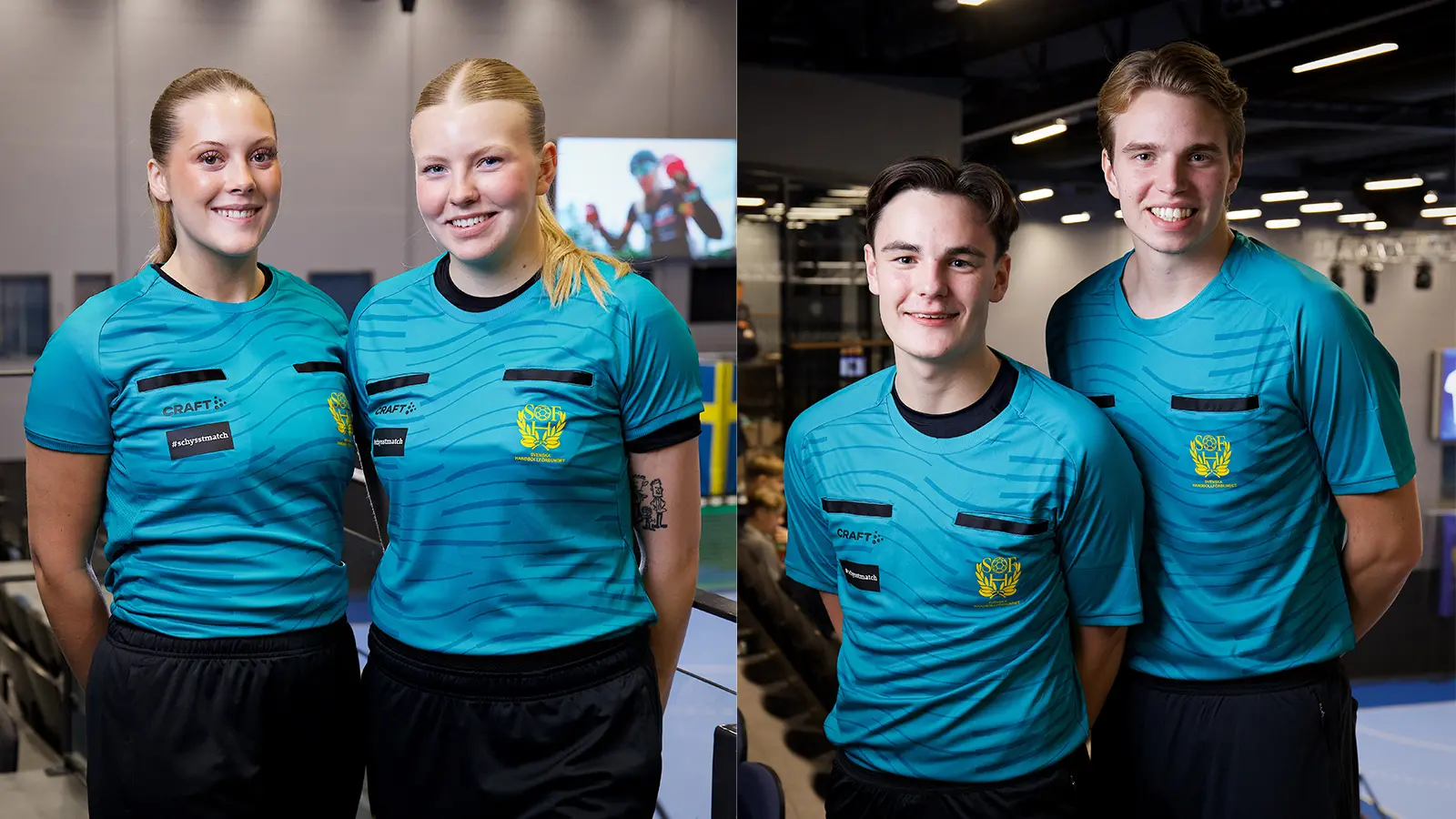 Två domarpar poserar i blå tröjor och svarta byxor