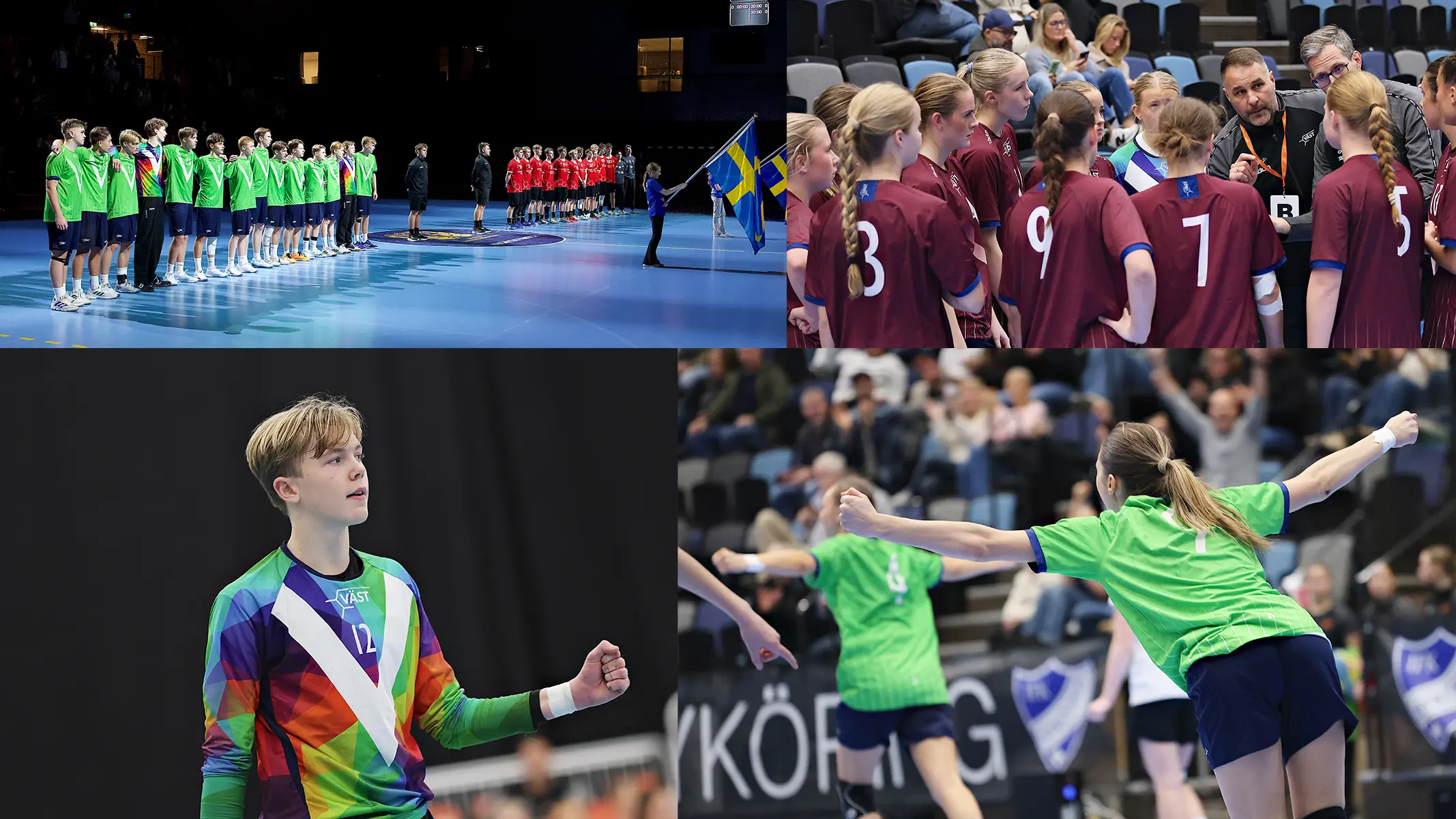 ett bildkollage av fyra bilder, vänster uppe ett lag med gröna tröjor står uppradade på en handbollsplan och håller armarna runt varandras axlar. höger uppe ett lag med vinröda matchtröjor står i en ring och två ledare pratar med dem. vänster nere en målvakt knyter näven efter en räddning. höger nere en spelare i grön matchtröja syns spinga med armarna rakt ut från kroppen och med knutna nävar.